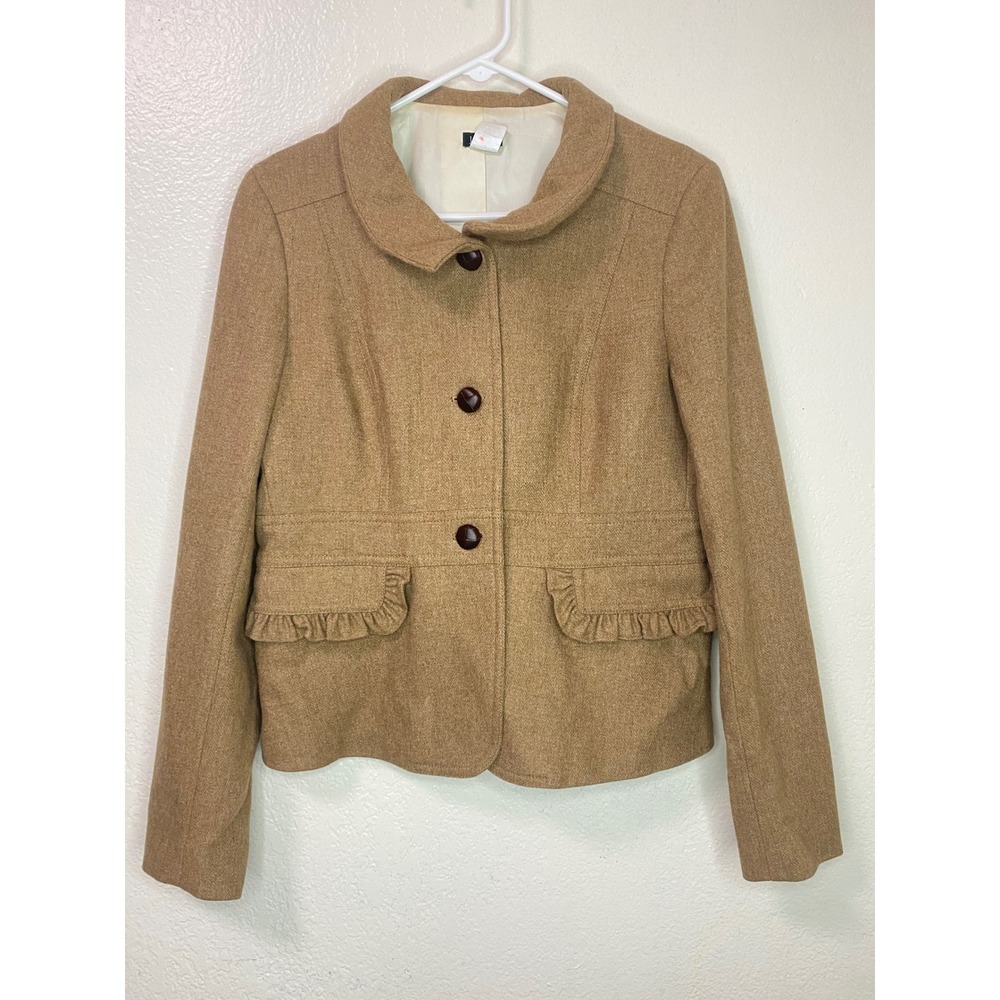 J Crew Womens Size 14 Camel Wool Blend Ruffle Blazer Peter Pan Collar Jacket